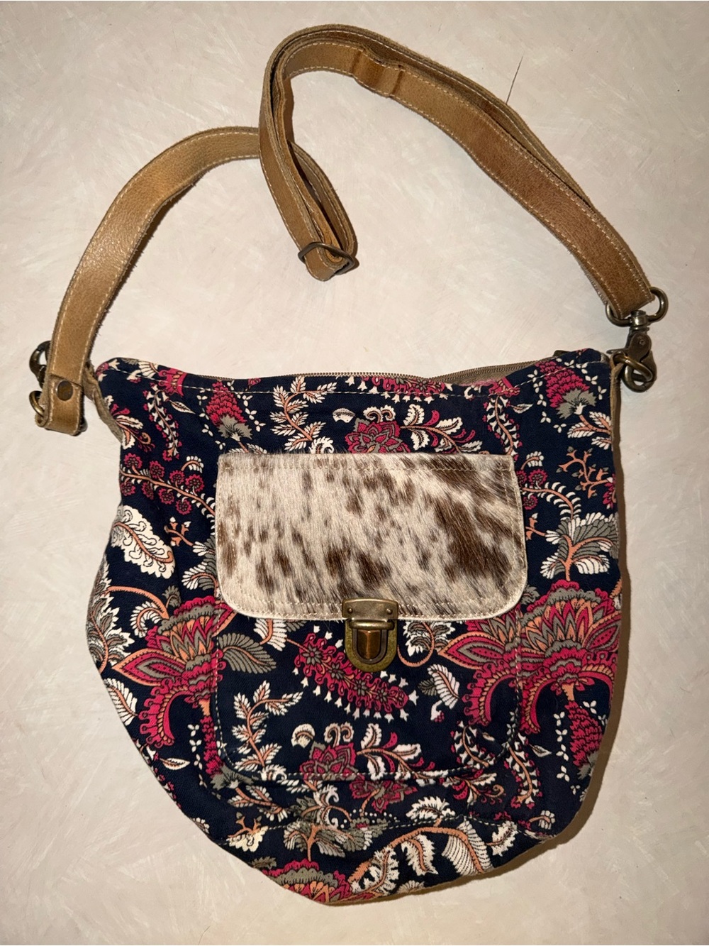 Myra Bag Navy Paisley Canvas Cowhide Crossbody Shoulder Purse Boho
